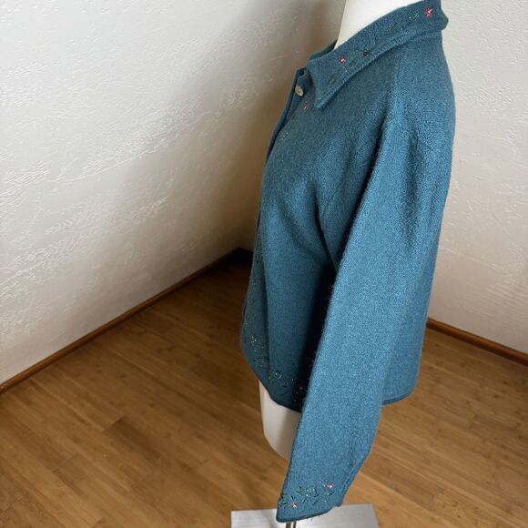 VTG Karen Scott Green Wool Embroidered Button Front Cardigan Sweater Womens M - Picture 9 of 10